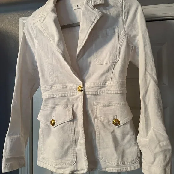 NWOT A.L.C. White Denim Blazer Gold Button Jacket Size 0 Structured Cotton - Picture 11 of 11